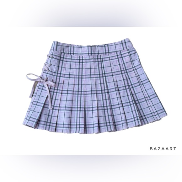 Lace up plaid mini skirt cotton candy pink school girl skater barbie - Picture 4 of 9